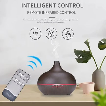 Air Humidifier Aromatherapy Essential Oil Diffuser Wood Grain 500ml Ultrasonic Remote Control 7 Color Lights For Home Bedroom ﻿ Beauty World Shop