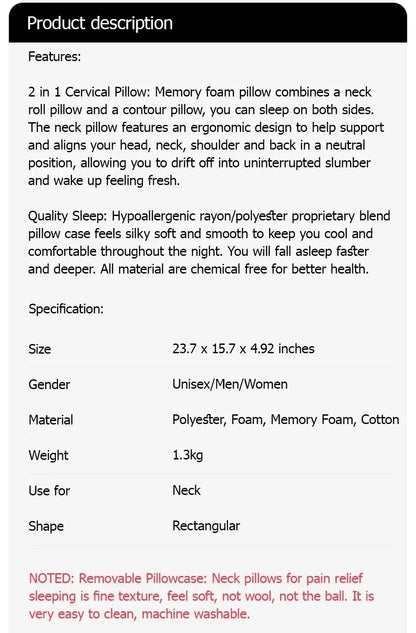 1pc Memory Foam Cervical Pillow, 2 in 1 Ergonomic Contour Orthopedic Pillow for Neck Pain Support Pillows Pillowcase replacement