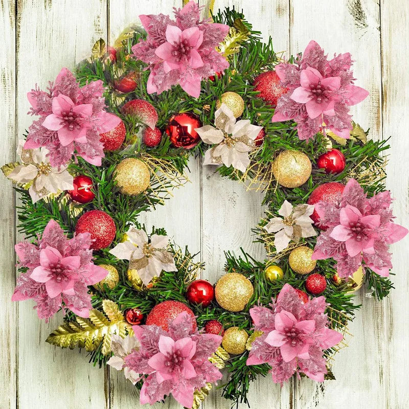 Christmas Glitter Artificial Flowers Christmas Tree Hanging Ornaments Fake Flower for Home 2025 Xmas New Year 2026 Navidad Gift Beauty World Shop