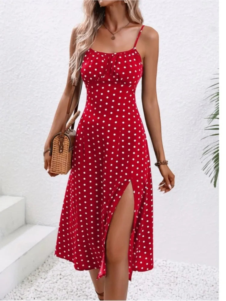 New Summer Sexy Spaghetti Straps Dress Women Fashion Polka Dot Print Sleeveless Slit Dress Boho Casual Beach Midi Dresses Beauty World Shop