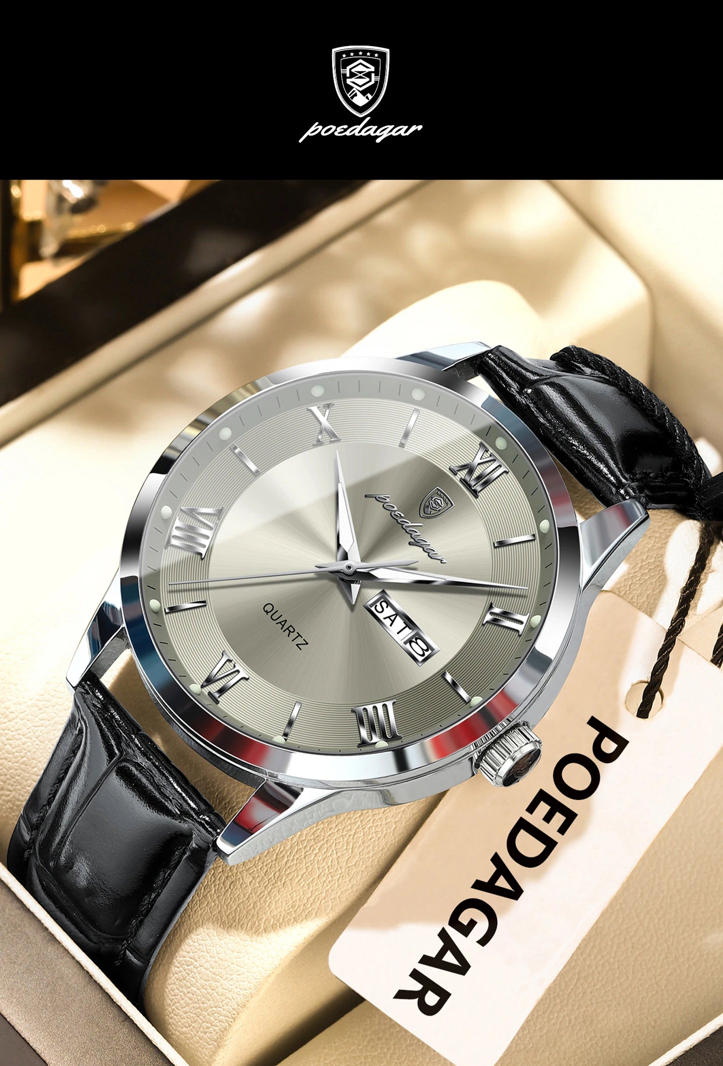POEDAGAR Business Brand Men Clock Waterproof Luminous Date Week Fashion Man Wristwatch Leather Luxury Men's Quartz Watches Reloj Beauty World Shop