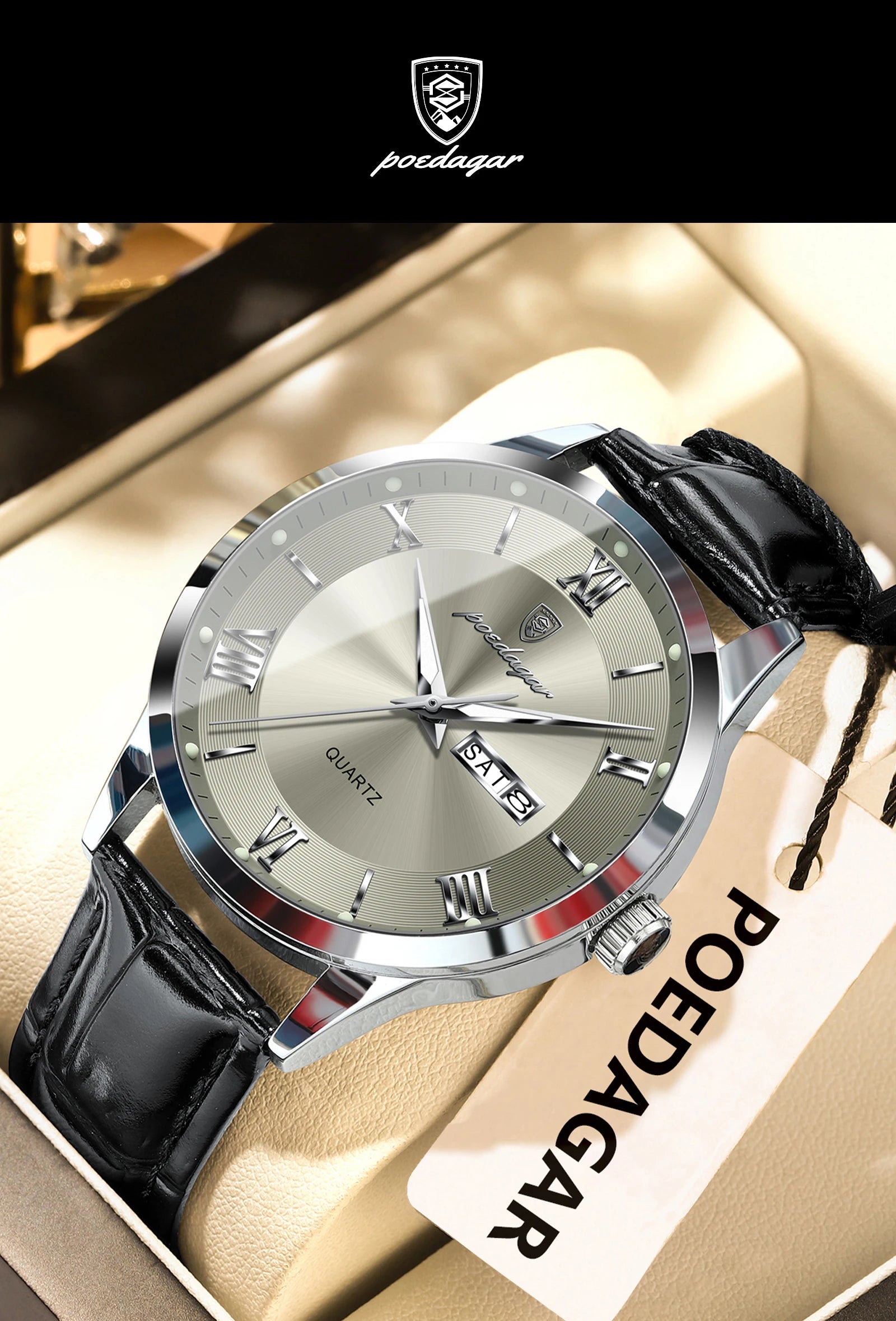 POEDAGAR Business Brand Men Clock Waterproof Luminous Date Week Fashion Man Wristwatch Leather Luxury Men's Quartz Watches Reloj Beauty World Shop