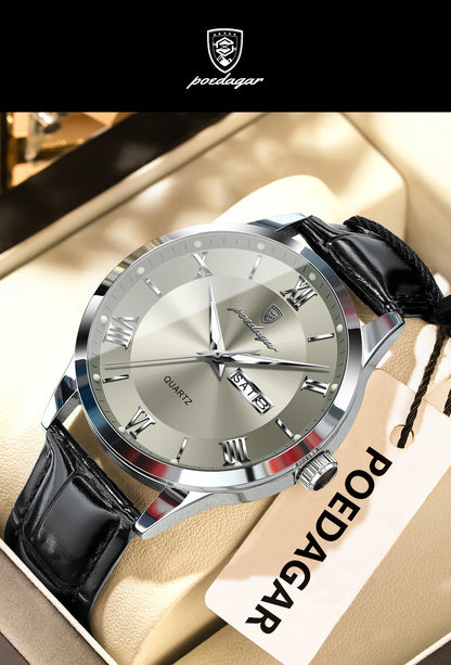 POEDAGAR Business Brand Men Clock Waterproof Luminous Date Week Fashion Man Wristwatch Leather Luxury Men's Quartz Watches Reloj Beauty World Shop