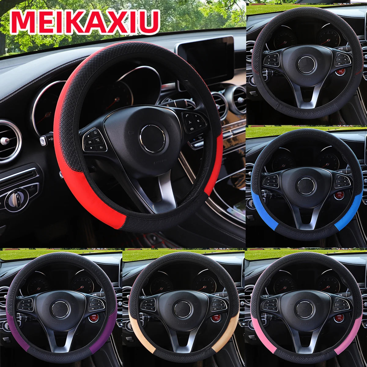 PU leather checkered embossed multi-color car rimless steering wheel cover suitable for 14.5 - 15 inch car interior accessories Beauty World Shop