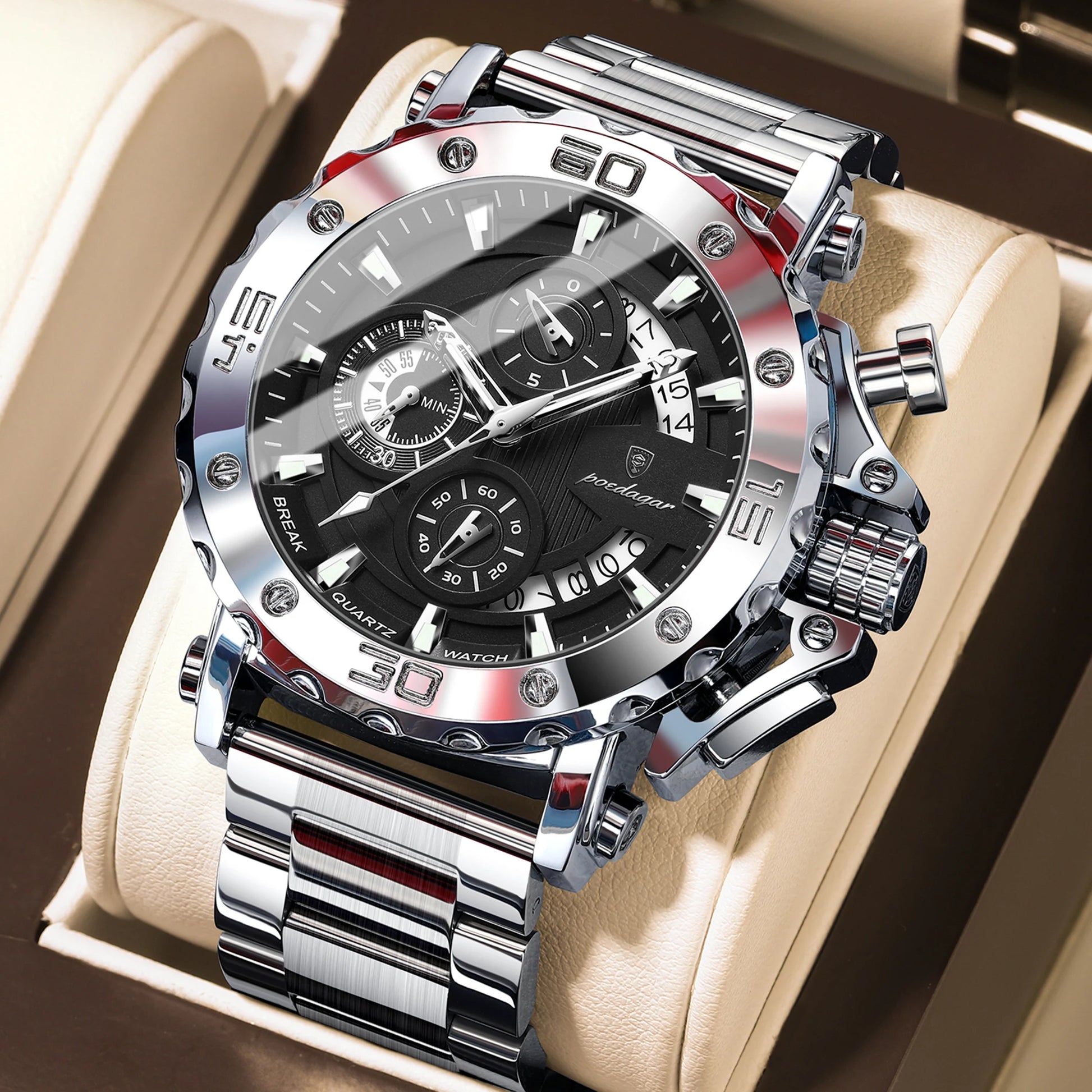 POEDAGAR Luxury Men's Watch Calendar Luminous Waterproof Man Clock Chronograph Stainless Steel Quartz Watches For Men Reloj Gift Beauty World Shop