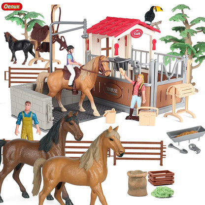 Oenux Farm Stable House Model Action Figures Emulational Horseman Horse Animals Playset Figurine Cute Educational Kids Toy Gift Beauty World Shop