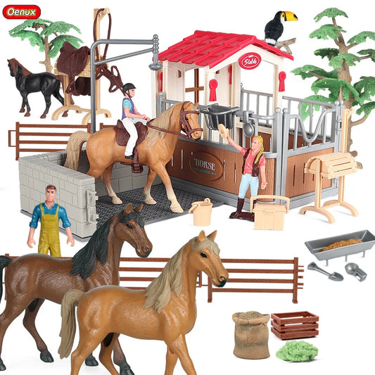Oenux Farm Stable House Model Action Figures Emulational Horseman Horse Animals Playset Figurine Cute Educational Kids Toy Gift Beauty World Shop