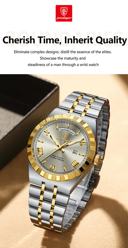 POEDAGAR Fashion Business Men's Watch Luminous Waterproof Week Date Luxury Man Wristwatch Stainless Steel Quartz Watches For Men Beauty World Shop
