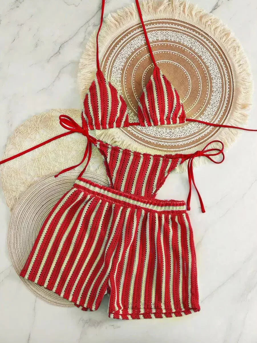 2026 new style boxer shorts mesh three-piece women's swimsuit neck lace-up bikini set Beauty World Shop