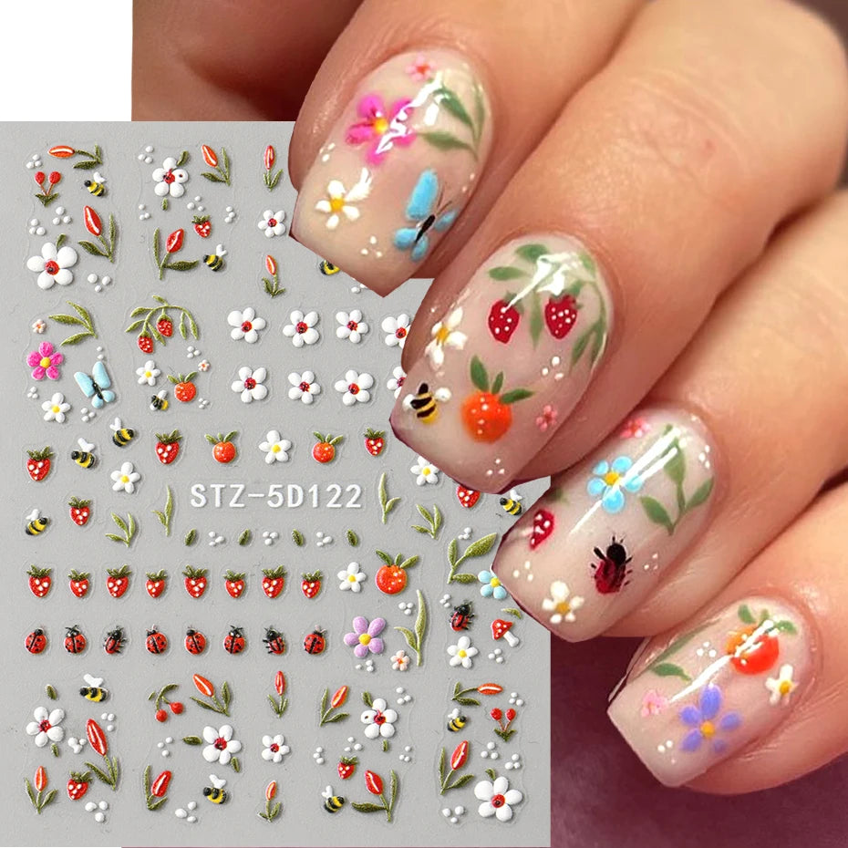 5D Embossed Kawaii Ladybug Sliders Spring White Daisy Flowers Nail Stickers DIY Simple Petals Wedding Nails Decals Accesories Beauty World Shop
