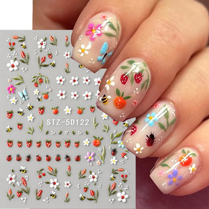 5D Embossed Kawaii Ladybug Sliders Spring White Daisy Flowers Nail Stickers DIY Simple Petals Wedding Nails Decals Accesories Beauty World Shop