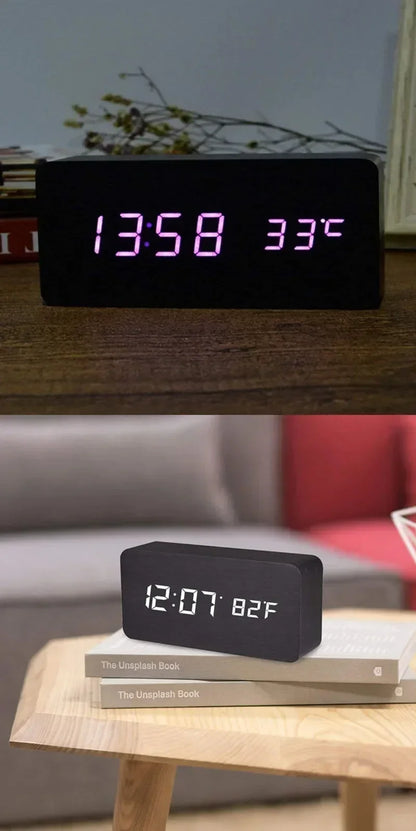 Digital Alarm Clock Wooden LED Table Clock with Temperature for Bedroom Office Travel Desk Decorations Beauty World Shop
