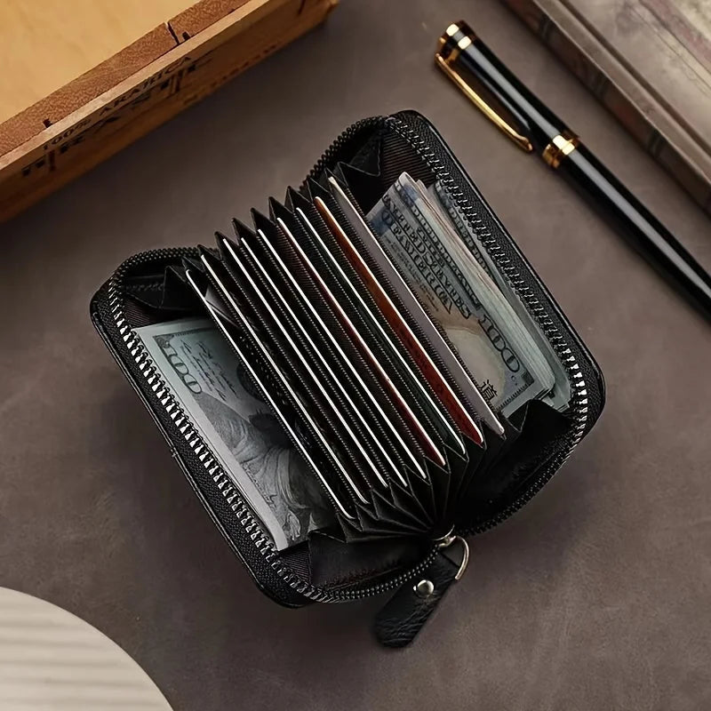 Vintage PU Leather Slim Wallet - Zipper RFID Blocking 11-Slot Card Holder, Retro Style Gift for Men & Women, Classic Design Beauty World Shop