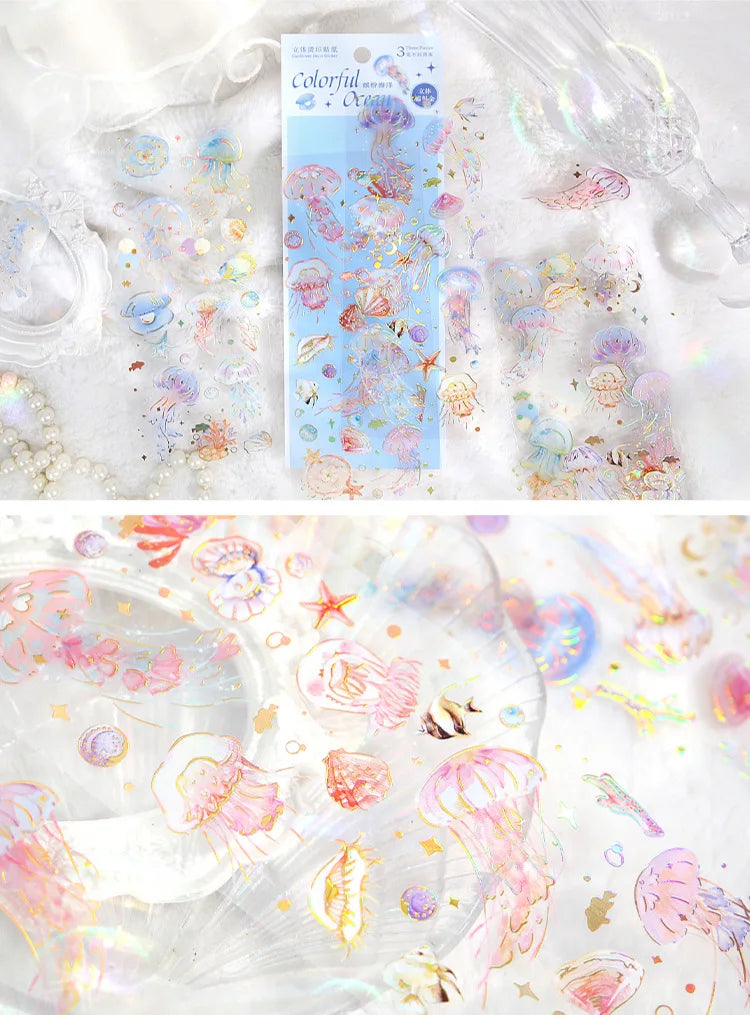 3pcs Kawaii Feather Dragonfly Bird Jellyfish Decorative Stickers Pack Scrapbooking Material Label Diary Phone Journal Planner Beauty World Shop