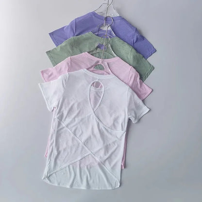 Women's Tight Sports T-shirt Quick Dry Short Sleeve Yoga T-shirt Pilates Fitting Fitness Back Hollow Out Running T-shirt Beauty World Shop