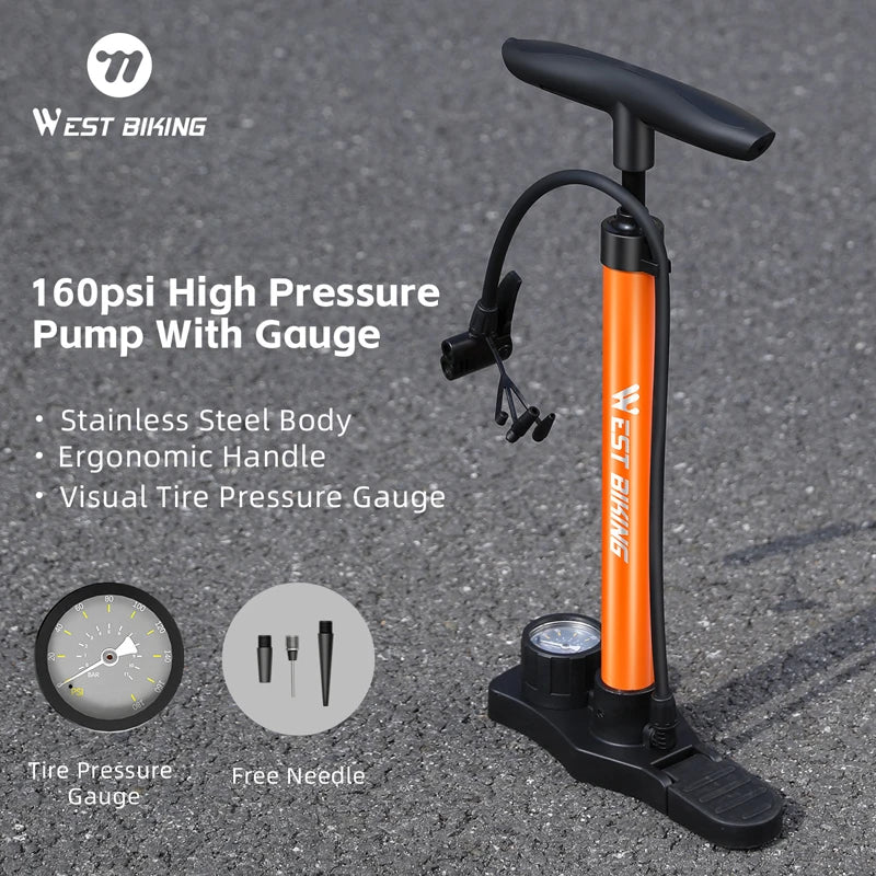 WEST BIKING 160PSI Bike Pump With Gauge Portable Stainless Steel Bike Pump Schrader Presta Valve Inflator Bike Accessories Beauty World Shop
