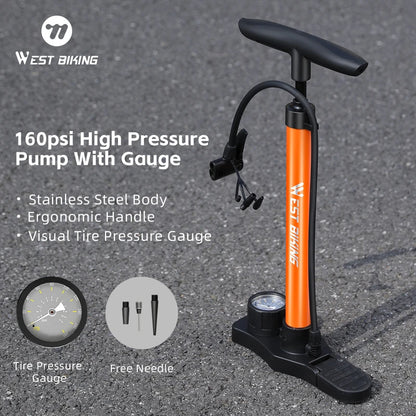 WEST BIKING 160PSI Bike Pump With Gauge Portable Stainless Steel Bike Pump Schrader Presta Valve Inflator Bike Accessories Beauty World Shop