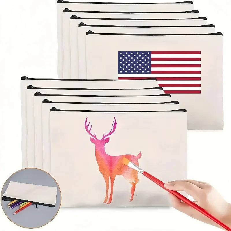 5pcs Blank Canvas Zipper Pouch Bulk, Makeup Bag Pencil Case For Cosmetic & DIY Crafts, Independence Day Beauty World Shop