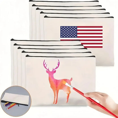 5pcs Blank Canvas Zipper Pouch Bulk, Makeup Bag Pencil Case For Cosmetic & DIY Crafts, Independence Day Beauty World Shop