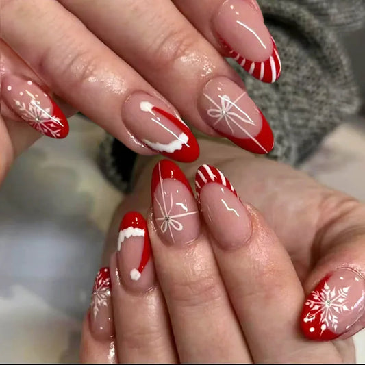 2025 Christmas Red Stripe French Glossy Medium Almond Press On Nails 24pcs with Glitter Snowflake Design Beauty World Shop