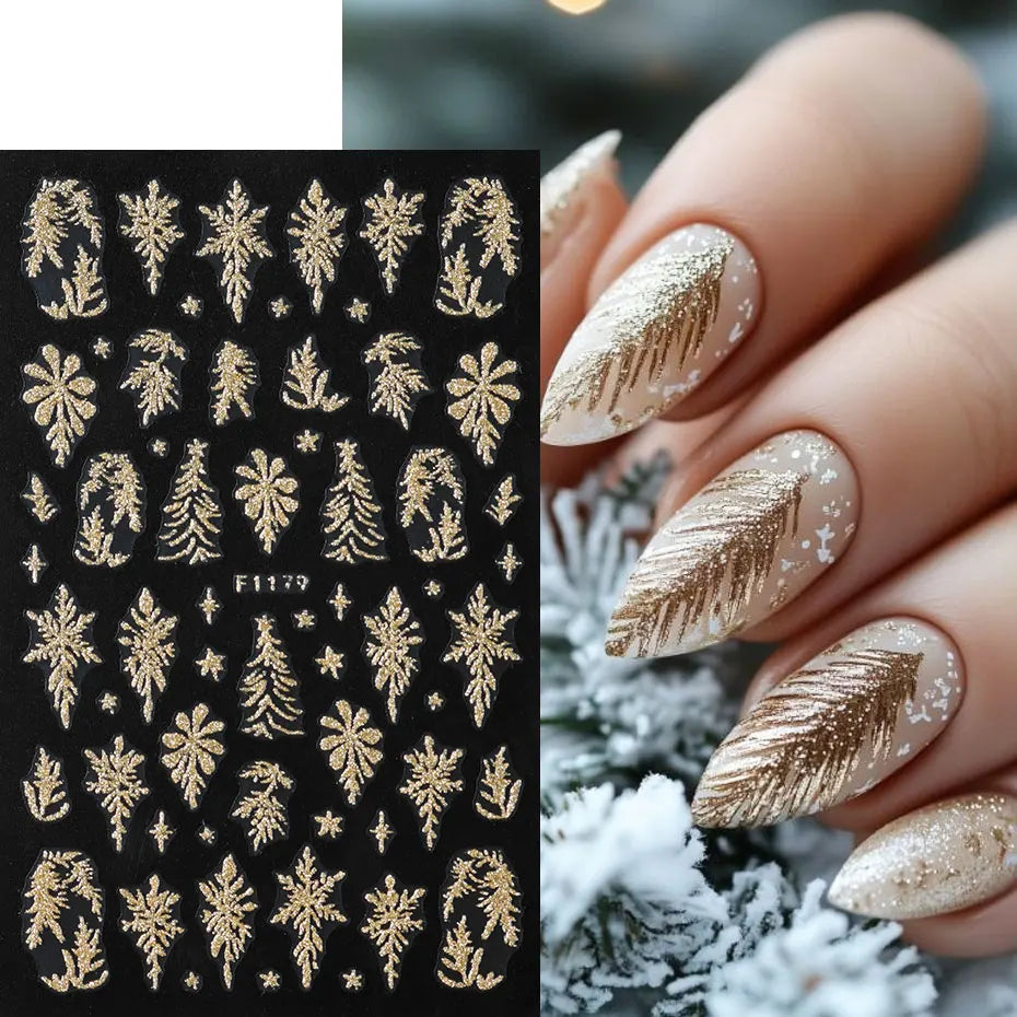 2PCS Golden Glitter Leaf Nail Art Stickers Shinny Christmas Trees Snowflake Sliders Japanese Winter Y2K Leaves Manicure Decor Beauty World Shop