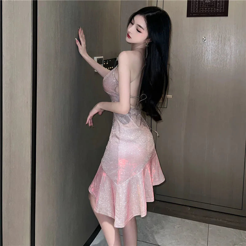 Biyaby Sexy Women Golden Mermaid Dresses Summer Spaghetti Strap Strapless Dress Woman Elastic Solid Color Bandage Vestidos Lady Beauty World Shop