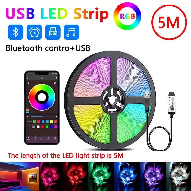 Bluetooth USB 5V RGB LED Strip Light 5050 Controller 5M Flexible Diode Lamp Tape Lights TV Background Lighting Desk Room Decor Beauty Fashion