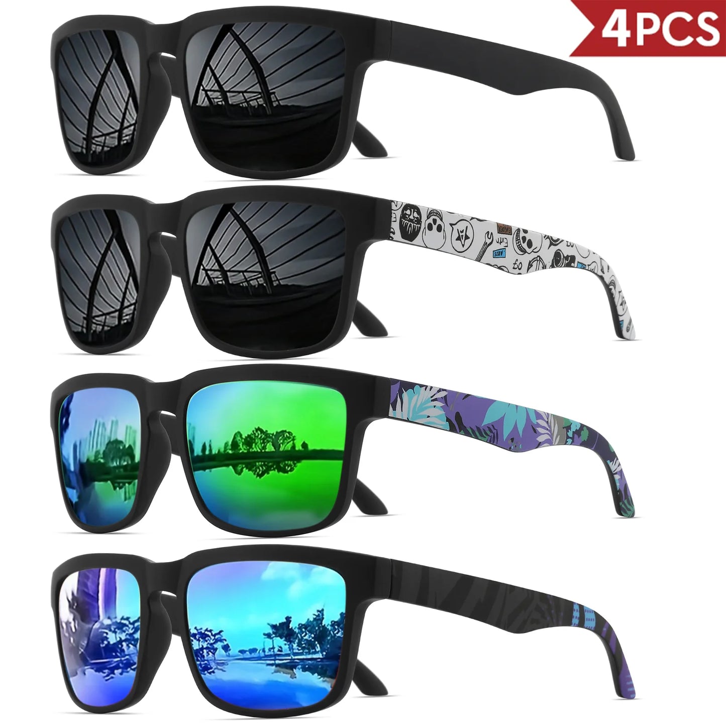 4PCS Square Sports Sunglasses with Designer Temple Pattern - UV400 for Men Women, Beach Vacation Beauty World Shop