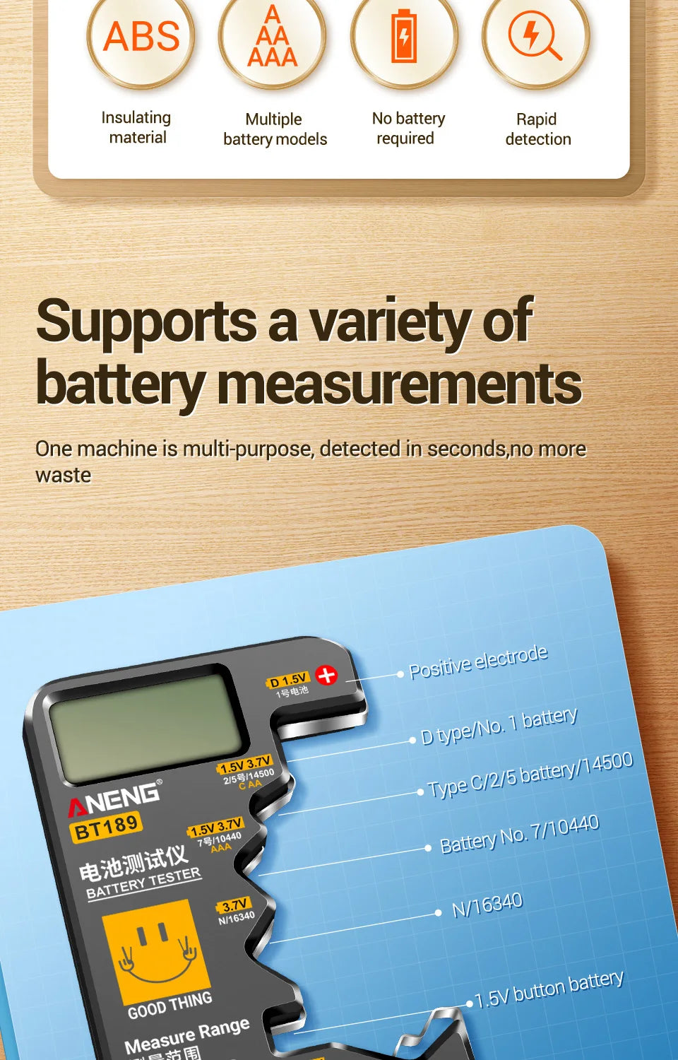 ANENG BT189 Button Cell Battery Tester 9V N D C AA AAA Universal Household LCD Display Battery Tester Power Bank Detectors Tools Beauty World Shop