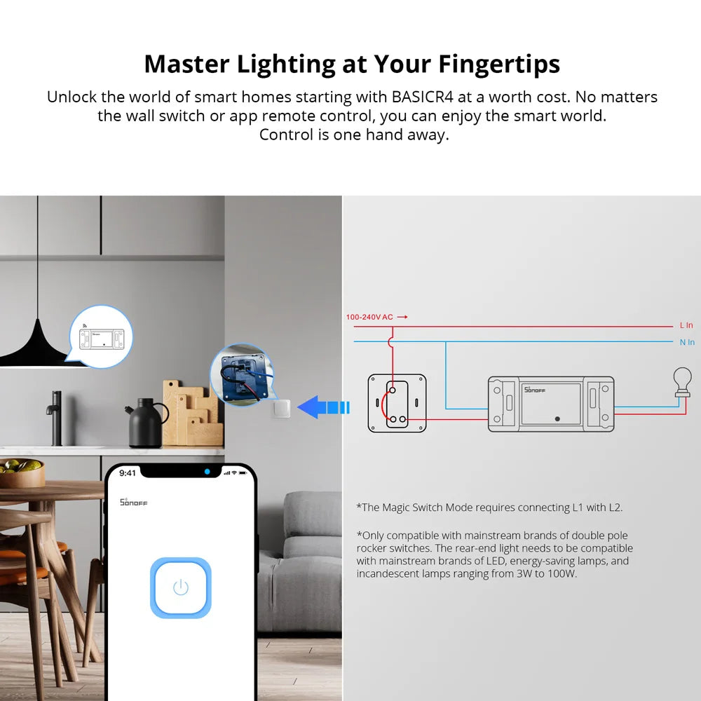 1-10PCS SONOFF BASICR4 WiFi Smart Switch ESP32 Magic Switch Mode Reliable Safe EWeLink Remote Control with S-MATE2 Alexa Google Beauty World Shop
