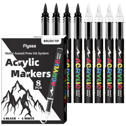 8pcs Black and White Acrylic Paint Markers Set, Large Ink Capacity, Acrylic Markers for Illustration Sketching, Wood, Glass, Fab Beauty World Shop