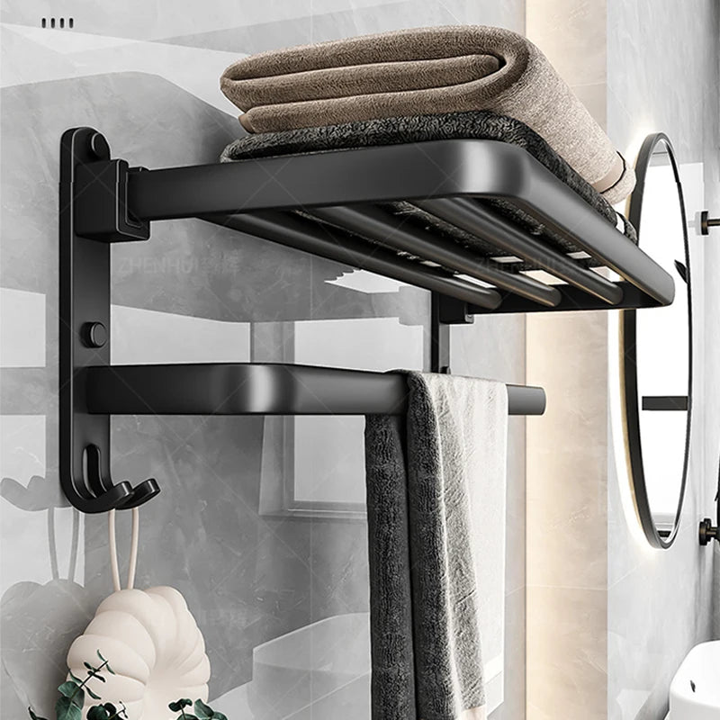 50CM Matte Black Folding Holder With Hook Towel Holder Wall Mount AluminumTowel Rack Bathroom shower rack Bathroom Accessories Beauty World Shop