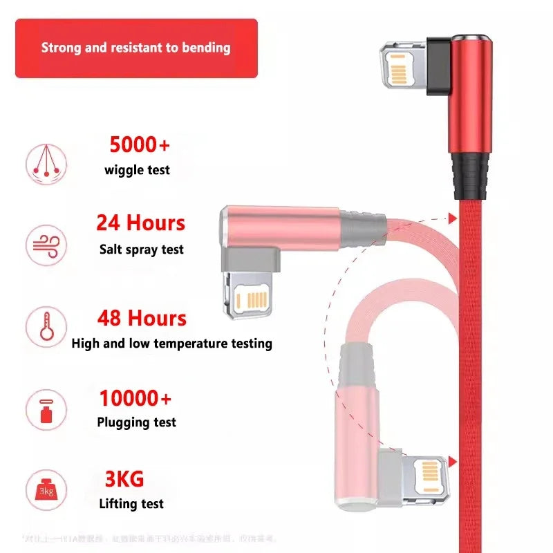 90 Degree USB Cable For iPhone 14 13 12 11 Pro Max X XR 6s 7 8 Plus 2m 3m Lead Mobile Phone Fast Charging Cord Data Charger Wire Beauty World Shop