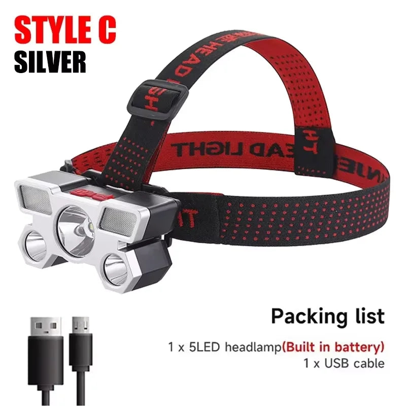 5 LED Flashlight Rechargeable with Built in Lithium Battery Strong Head Light Camping Adventure Fishing Cycling Headlamp Beauty Fashion