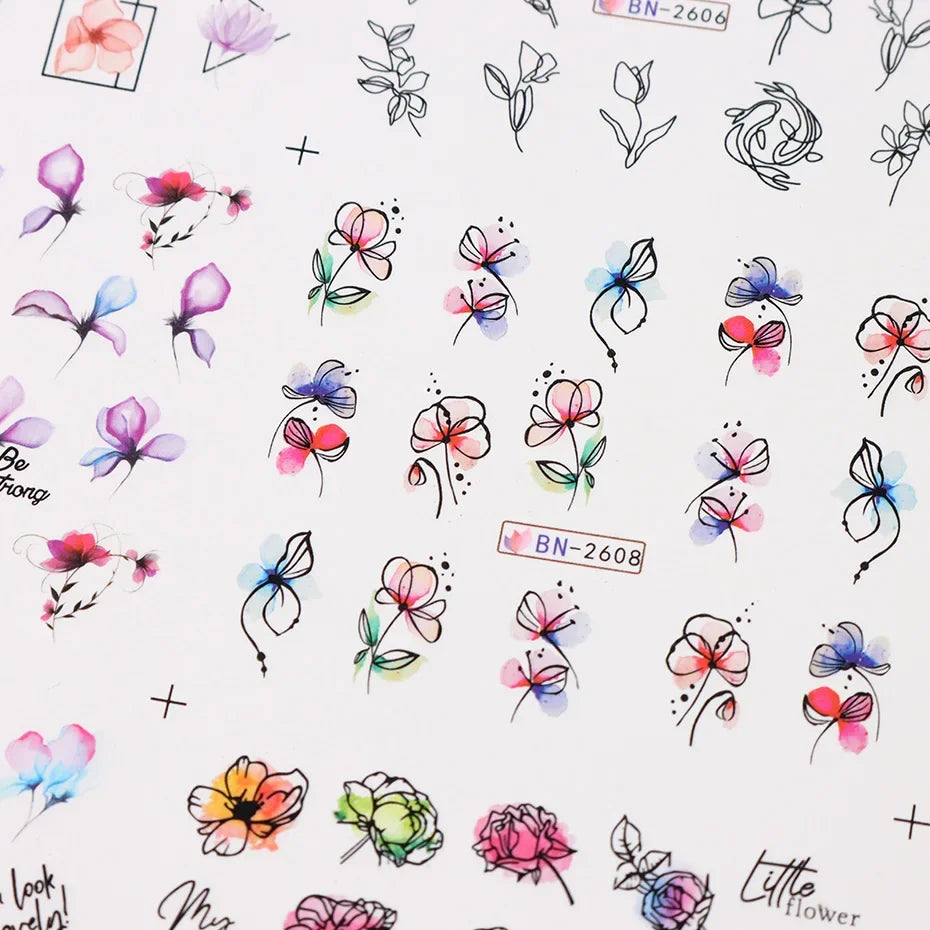 12 Pcs Summer Ink Blooming Flowers Nail Art Stickers, Water Decal Leaves Graffiti Slider Nail Decoration Beauty World Shop
