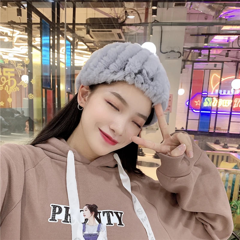 Women Handmade Stretch 100% Real Rabbit Fur Scarf Knit Genuine Rex Rabbit Fur Headbands Girls Natural Rabbit Fur Ring Scarves Beauty World Shop