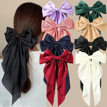 Korean Accessories Hair Clips for Women Girls Big Bowknot Solid Satin Long Ribbon Bows Spring Clamp Barette Cheveux Femme 2023 Beauty World Shop