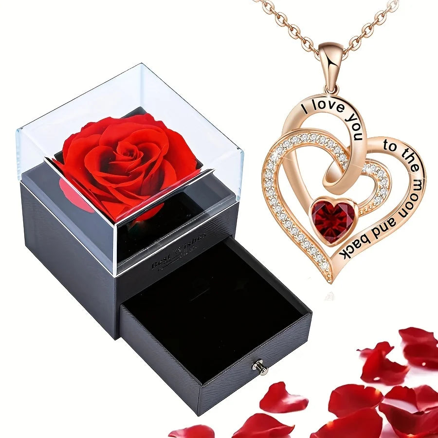 Luxury Red Zircon Pendant Necklaces With Rose Flower Gift Box For Girlfriend Women I Love You Gifts 2024 Trendy Wedding Jewelry Beauty World Shop