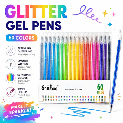 60 Colors Glitter Gel Pen 1.0mm Metal Glitter Color Ballpoint Pen Paper Cardstock Diary Drawing Marking Coloring DIY Art Beauty World Shop