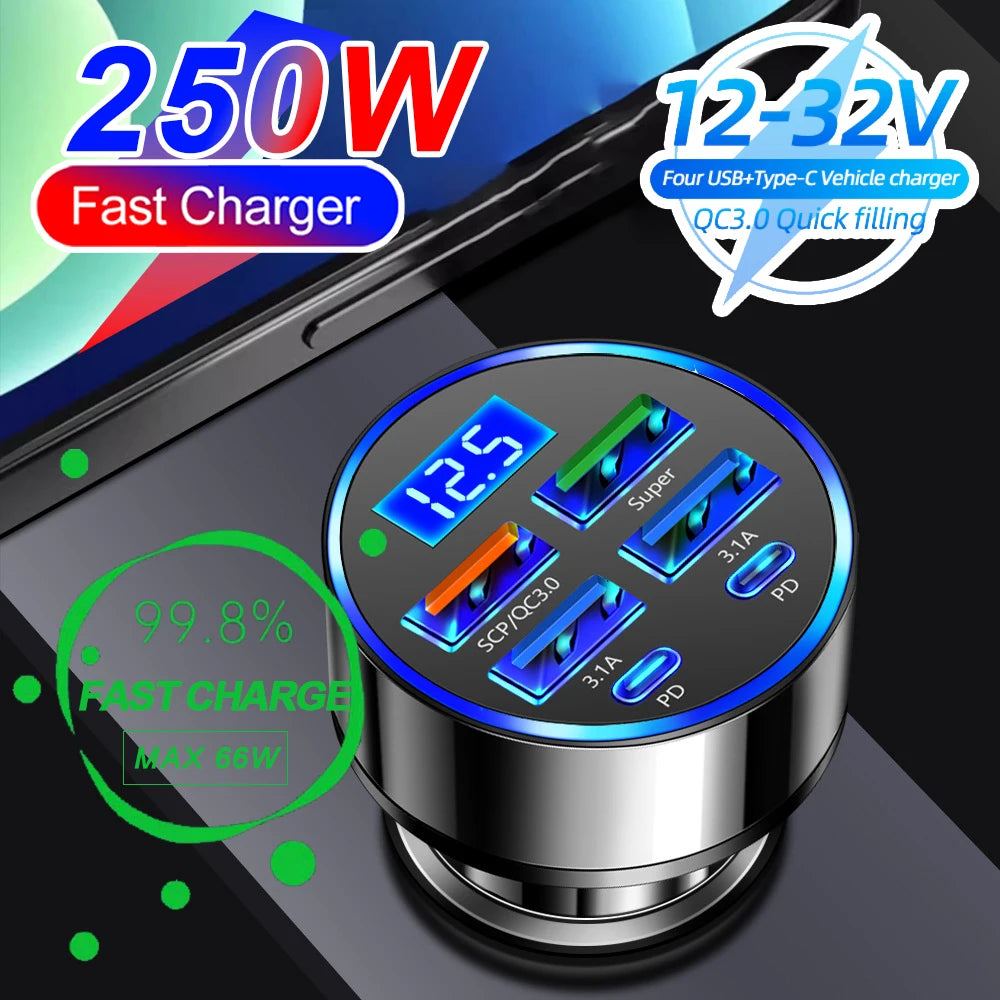 66-250W PD Car Charger QC3.0 Fast Charge One to Six Car Cigarette Lighter Plug Car Charger Flash Charge with Digital Display Beauty World Shop