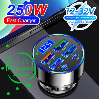 66-250W PD Car Charger QC3.0 Fast Charge One to Six Car Cigarette Lighter Plug Car Charger Flash Charge with Digital Display Beauty World Shop
