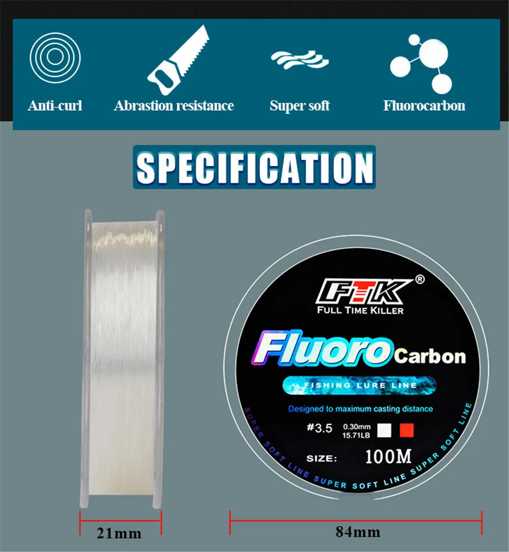 100m Fluorocarbon Bait Fishing Line, Carbon Fiber Fly Fishing, Wild Fishing, Sea Fishing, Fishing Accessories, Tools, Outdoor Beauty World Shop