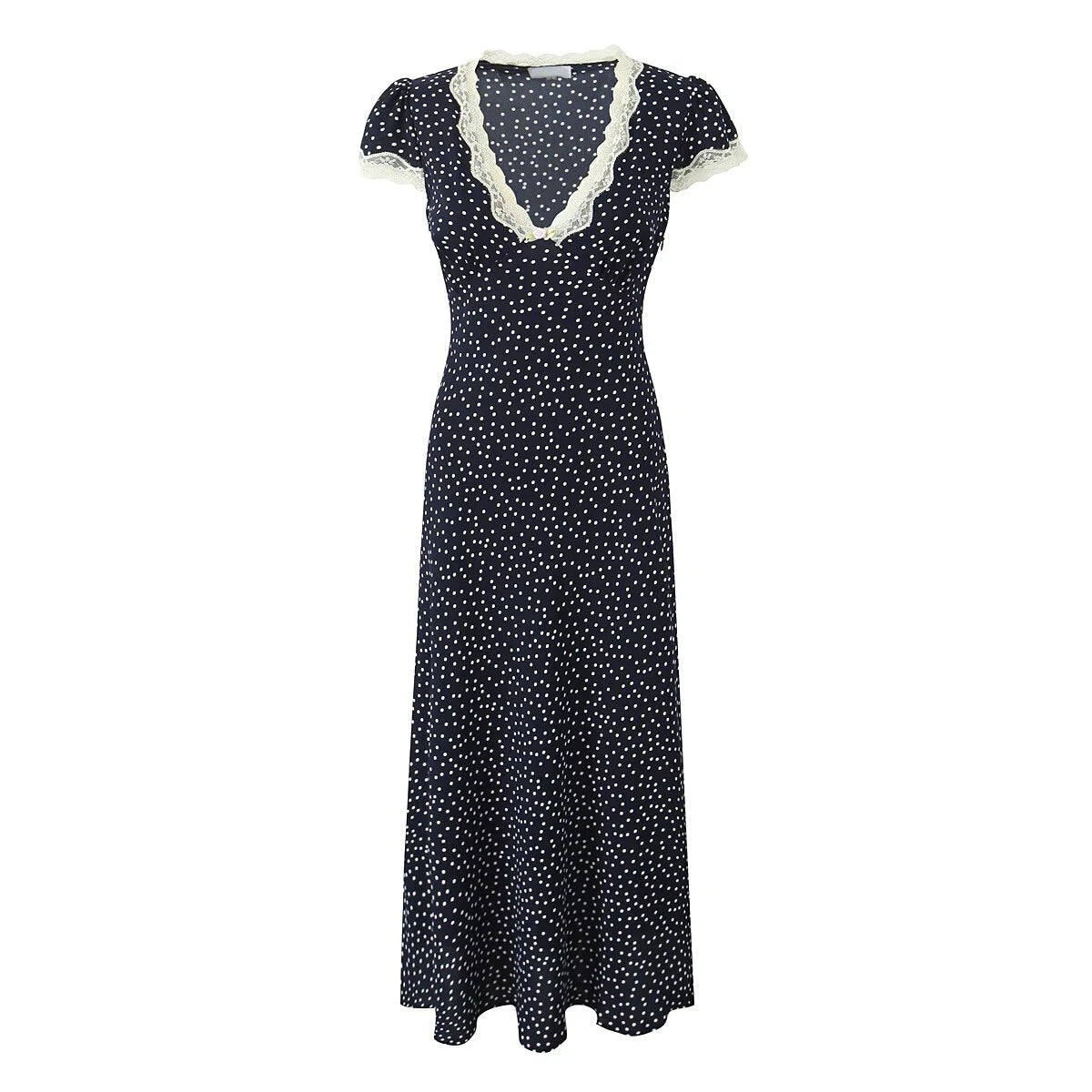 YENKYE 2025 Women Navy Blue Polka Dot Long Dress Lace Trim V Neck Short Sleeve A-line Elegant Holiday Dresses Summe Maxi Robe Beauty World Shop