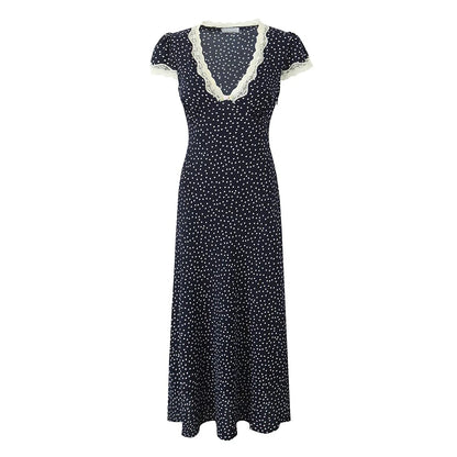 YENKYE 2025 Women Navy Blue Polka Dot Long Dress Lace Trim V Neck Short Sleeve A-line Elegant Holiday Dresses Summe Maxi Robe Beauty World Shop