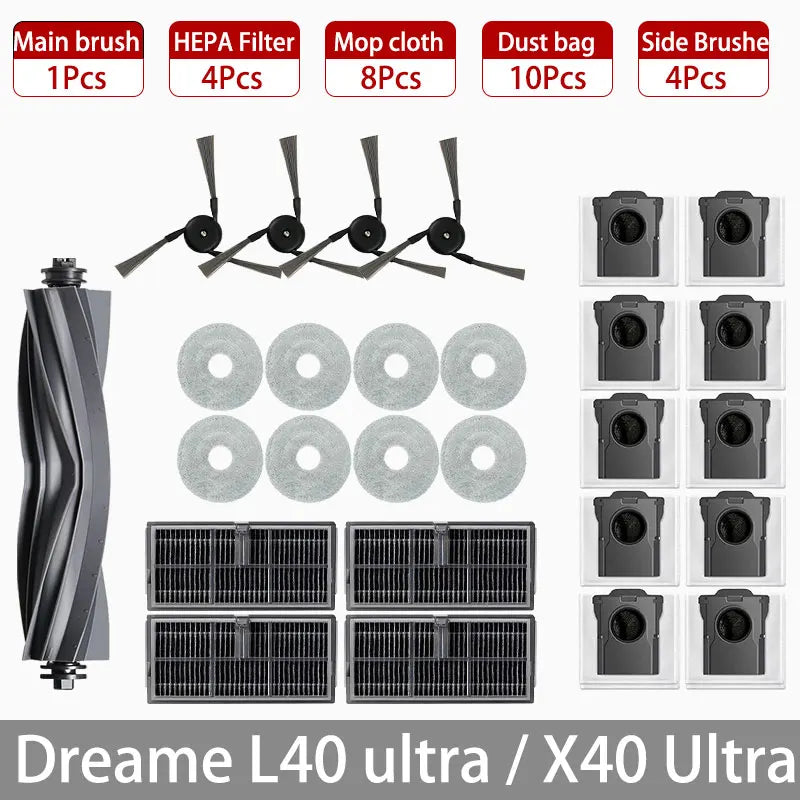 Dreame L40 Ultra / X40 Ultra Robot Vacuum Accessories Dust Bags Mop Main Side Brushes Cloths HEPA Filters Spare Parts Beauty World Shop