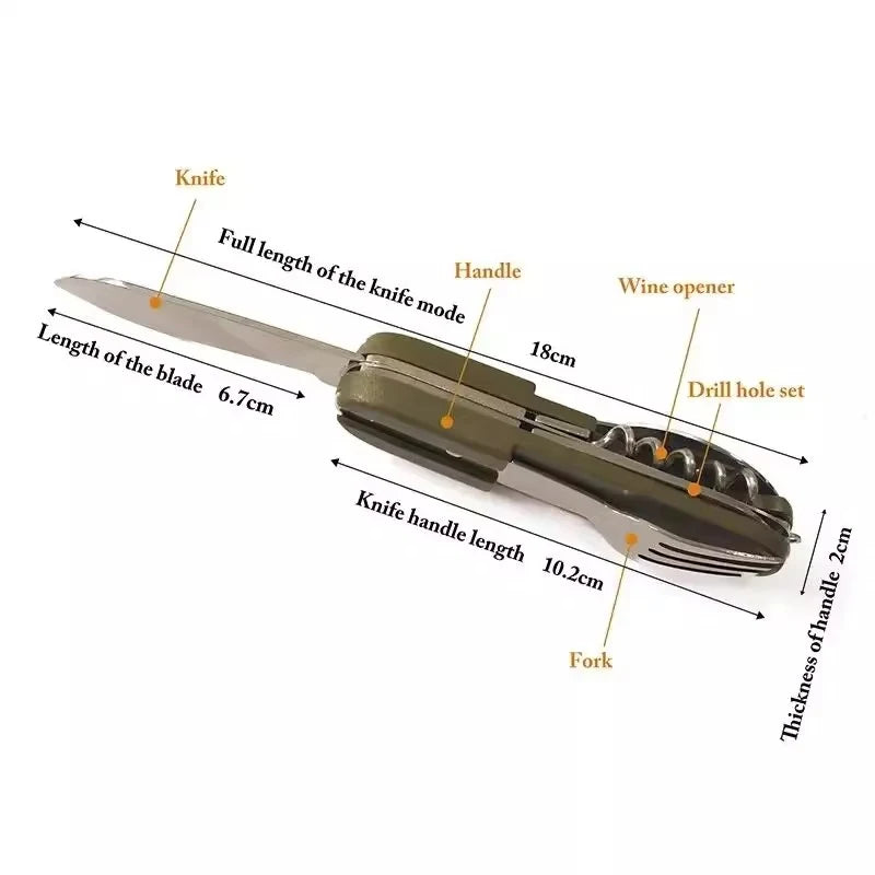 7 in 1 Camping Gear Portable Stainless Steel Spoon Fork Knife and Bottle Opener Combination Set Travel, Backpack Style Tableware Beauty World Shop