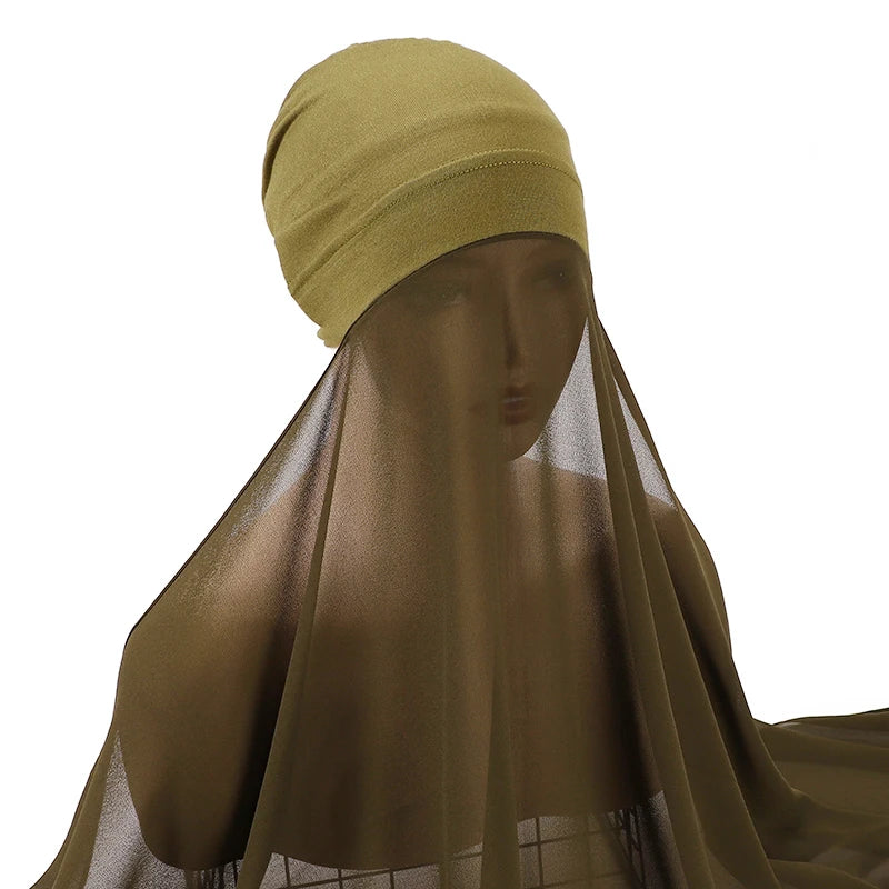 Muslim Women Bonnet + Chiffon Shawl Instant Under scarf Cap Islam Inner Scarf Headband Stretch Hijab Cover Headwrap Turbante Beauty World Shop