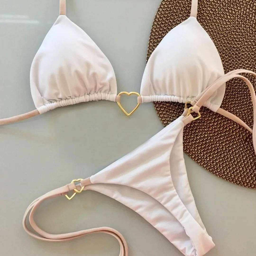 New Solid Color White Bikini Women suit Low Waist Lace-up Fashionable Swimsuit Two-piece Set Beauty World Shop