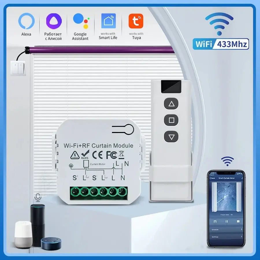 Tuya Wifi Smart Curtain Switch Controllers Blind Rolling Shutter RF 433MHz Smart Life APP Remote Voice Control Alexa Google Home Beauty World Shop