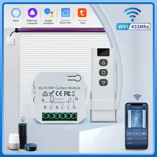 Tuya Wifi Smart Curtain Switch Controllers Blind Rolling Shutter RF 433MHz Smart Life APP Remote Voice Control Alexa Google Home Beauty World Shop